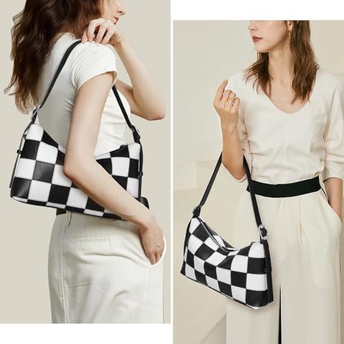 Checkered Shoulder Bag for Women,Classic Black and White Purse Trendy Crossbody Purse Leather Totes Hobo Handbag with Strap2