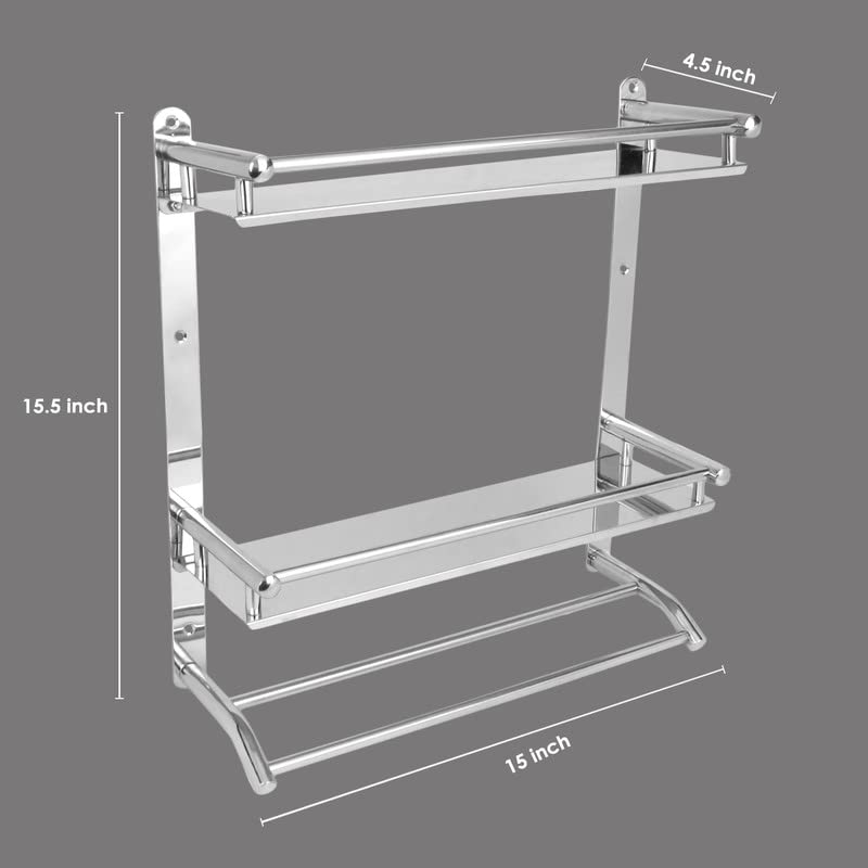 Image of Anti Rust Stainless Steel Multipurpose Dual Bathroom Shelf Oragnizer with Towel Hanger | (15(L) X 4.5(W) X 15.5(H)) inch