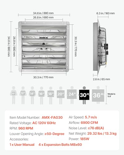 Image of VEVOR 30 Inch Shutter Exhaust Fan Wall Mounted Automatic Louvers Silver, Sturdy Steel Housing, Low Noise, AC Motor, 8099 CFM Ventilation and Cooling for Attic, Garage, Barn, Greenhouse, Workshop