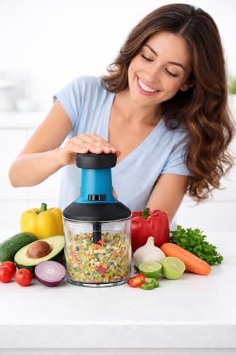 Image of Manual Push Chopper Gift for Mummy, Gift for Kitchen - Hand Press Vegetable & Fruit Cutter with Five Stainless Steel Blades, Multipurpose Onion, Salad,Ginger,Garlic, Tomato & Nuts