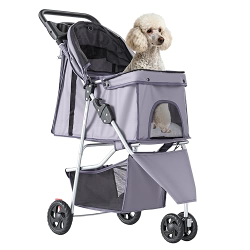 Image of NEWBULIG 3 Wheel Pet Stroller for Dogs and Cats, Foldable, Lightweight and Durable, Ideal for Small to Medium Pets, Includes Storage Basket and Cup Holders