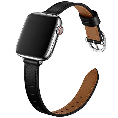 OUHENG Slim Bands Compatible with Apple Watch Band 40mm 38mm 44mm 42mm, Women Genuine Leather Thin Band Replacement Strap for iWatch SE Series 6 5 4 3 2 1 (Black/Silver, 40mm 38mm)