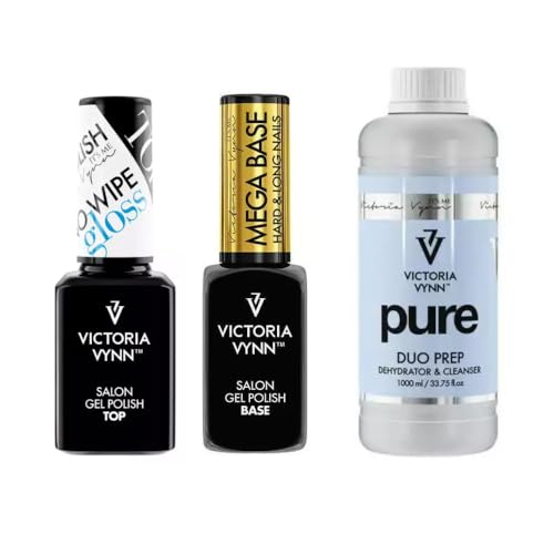 Victoria Vynn Gel Polish Set - Mega Base Clear 8 ml, Top Gloss No Wipe 15 ml & Pure Duo Prep 1000 ml - Perfect for Durable Manicures