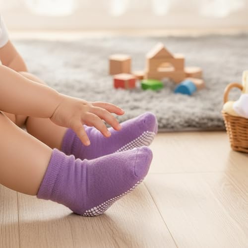 Image of MOMISY Cotton Stretch Crew Anti-Slip Baby Girl Boys Toddlers Infant Anti Skid Socks-6 Pairs (DottedFemale, 3 to 5 years)