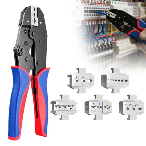 wowspeed Crimpzange Set, Ratschen Crimpzangen mit 5 Wechselbacken, 0,25-10 mm² Krimpzangenset für Aderendhülsen, Kabelschuhe & Schrumpfverbinder, Krimpzange, Crimp Zange für Elektriker & DIY
