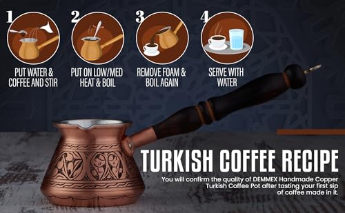 DEMMEX Thick Copper Turkish Greek Arabic Coffee Pot 450 ml, Traditional Hand Engraved Cezve Ibrik Briki with Wooden Handle & Spoon, Handmade in Turkey (Antique)