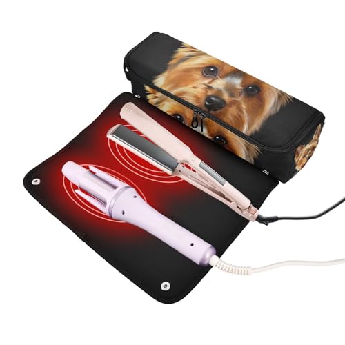 Hair Tools Travel Bag and Heat Resistant Mat with Zipper Large Hair Straigheners Travel Case for Hot Tools Curling Iron Flat Irons Volumizer Styler Yorkshire Terrier Black Background Accessory miniatura 2