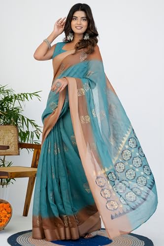Image of MIRCHI FASHION Women Saree Cotton Blend 2-Tone Foil Print | Lightweight Comfortable Office Wear Sari with Blouse Piece