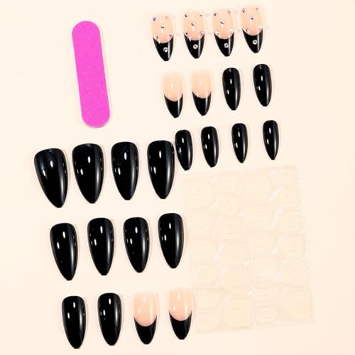 Image of Black Press on Nails French Tip Fake Nails Medium Almond False Nail Rhinestone Glue on Nails Glossy Full Cover Artificial Acrylic Stick on Nail for Women Girls Manicure 24Pcs