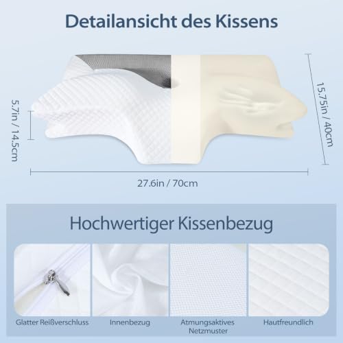 HOMCA Memory Foam Kissen Nackenstützkissen, 70x40x8.5/14.5cm, Grau
