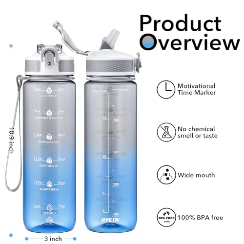 Image of Hyeta Plastic Water Bottle With Straw & Time Marker, 32oz Leakproof Jug | Motivational Tritan BPA Free Gym Office Outdoor Intake Tracker Hourly Reminder Straw Lid Lightweight