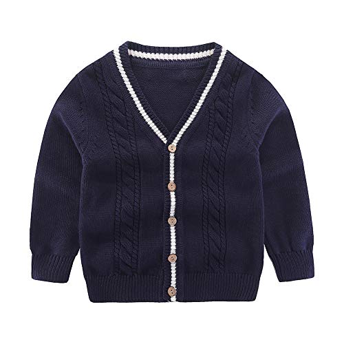 Motteecity Boys Toddler Clothes Woolen Solid Long Sleeves Sweater Cardigan Navy 5T