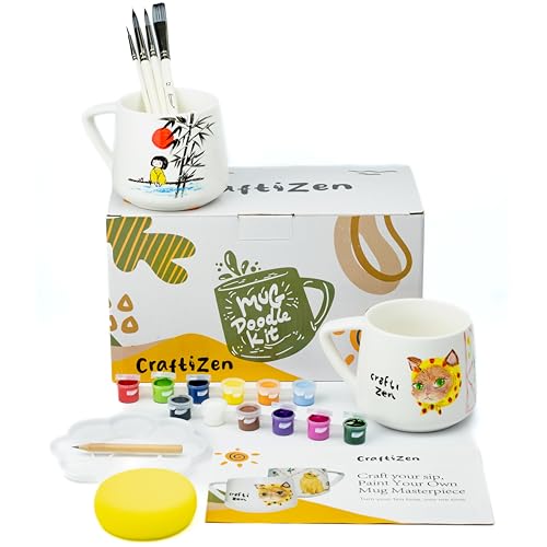 craftizen Paint Your Own Mug Kit - Mug Painting Kit for 2 Adults or Kids Ceramic Mugs to Paint with Brushes & Paints DIY Pottery Painting Kit & Mug Decorating Gift Set