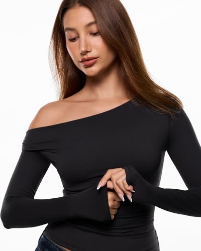 Image of INLYRIC Women's Inbarely Seasons Off The Shoulder Double Lined Long Sleeve Tops Going Out Slim Fitted Sexy T-Shirts