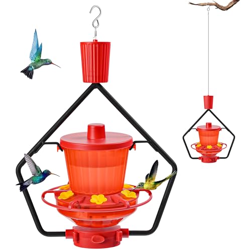 Retractable Hummingbird Feeder – 6 Feeding Ports, Leak-Proof, Ant & Bee Proof, Easy Top-Fill & Easy to Clean, Durable ASA Plastic, 18.5 oz Capacity, Adjustable Hanging System with 44' Extension(Red)