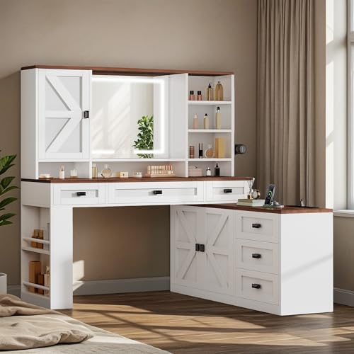 Image of DWVO L Makeup Vanity Desk with Mirror and Lights, Farmhouse Big Lighted Vanity Table Set with 6 Drawers and Cabinet Shelves, 360 Rotation Large Dressing Table for Bedroom, White