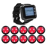 KOQICALL Wireless Waiter Calling System Table Number Pagers for Restaurant Food Court Cafe Snack Bar 1 Watch Pager 10 Waterproof Call Button with Call/Bill/Cancel (Watch+Button 1+10)