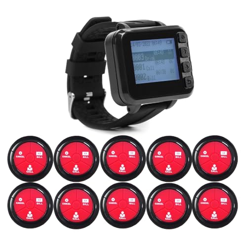 KOQICALL Wireless Waiter Calling System Table Number Pagers for Restaurant Food Court Cafe Snack Bar 1 Watch Pager 10 Waterproof Call Button with Call/Bill/Cancel (Watch+Button 1+10)