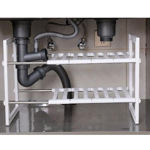Organizador bajo fregadero SUNGOOYUE, estante retráctil de doble capa en acero inoxidable, estante ajustable para gabinete con alta capacidad para cocina y baño miniatura 1