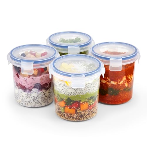 M.J COMFY-LIFE Overnight Oats Containers with Lids (4 Pack) 16 oz BPA-Free Plastic Jars Airtight Locking Seal Portable Cereal & Milk Storage Microwave & Dishwasher Safe Oatmeal To-Go Jars