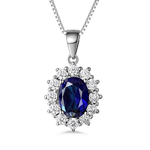 MASOP Damen Halskette mit Anhänger 925 Sterling Silber Saphir Blau Oval und Weiß Rund Zirkonia CZ Prinzessin Diana Luxus Schmuck Cover