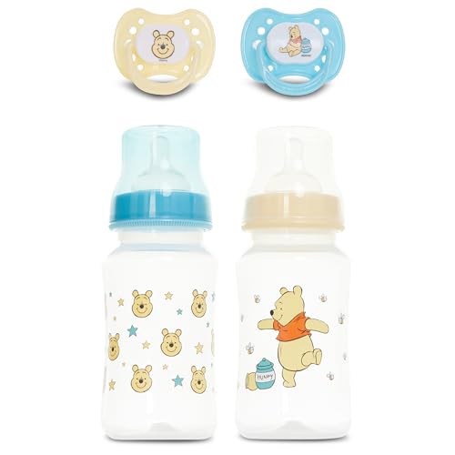 Image of Disney Baby Bottles and Pacifiers Set – 2 Hourglass-Shaped 11oz Bottles + 2 Orthodontic Pacifiers – Officially Licensed Mickey, Minnie, Pooh & Dumbo Designs – BPA-Free Feeding Gift Set
