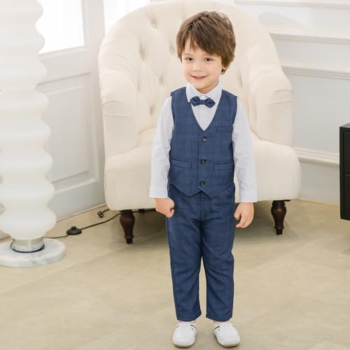 Image of Kimocat Boys 3Pcs Clothing Sets Elegant Long Sleeve Shirts + Vest with Flower+Pants Party Suit