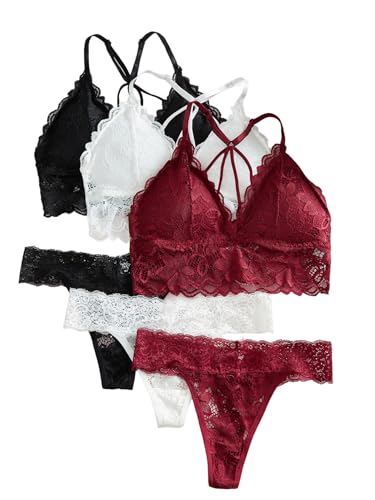 Image of Verdusa Women's Lingerie Sets 6 Piece Lace Bow Floral Underwear Bras Wireless Padded Bra and Panty Set
