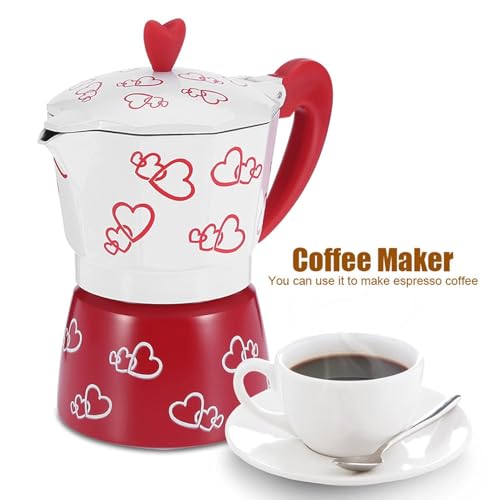 Image of 3 Cup Moka Pot Coffee Maker for Kitchen | Cappuccino & Espresso Stovetop Brewer | Italian Style Aluminium with Heat Resistant Handle | Gas Stove Compatible | Red & White