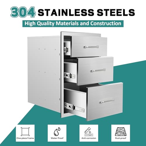 Image of Outdoor Kitchen Drawers 18''Wx 24''H x 23''D Stainless Steel Drawer BBQ Triple Drawers with Chrome Handle for Outdoor Kitchen Island, Patio Grill Station