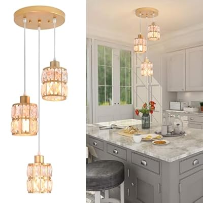 Modern Gold Crystal Pendant Light Fixture - 3-Light Adjustable Hanging Lamp for Kitchen Island, Dining Room, Living Room & Bedroom | Dimmable, Quick Install Farmhouse & Industrial Pendant Lighting