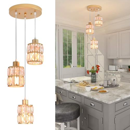 Modern Gold Crystal Pendant Light Fixture - 3-Light Adjustable Hanging