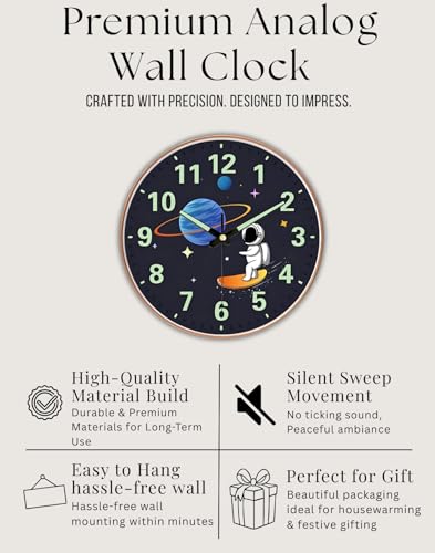 Image of WHISKET - 12 Inch | Luxury Designer Radium Wall Clock with Night Glow Numbers - Silent Analog Clock with Elegant Floral Design for Living Room, Bedroom & Office Decor.(Radium Skate Space)