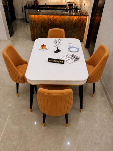 Image of WOODEN SPACE 4 Seater Wooden Dining Table Set | Urban Marble Top Dining Table with Chairs for Dining Room & Kitchen (Modern Infinity Mustard) (54 x 36 x 30 inch)