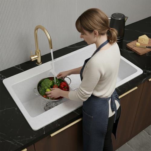 Image of EVANEX Quartz Kitchen Sink|Double Bowl Sink for Kitchen|Topmount /Undermount Kitchen Sinks|Rosa Double Sink with Connector, Waste Pipe, Coupling and Drain Basket|34x20x9 Granite Kitchen Sinks