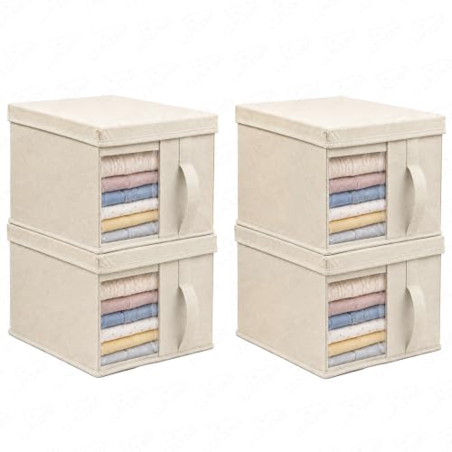 Image of Lukzer 4 PCs Wardrobe Organizer for Storage - 20L Non-Woven Foldable Cloth Organizer /Storage Box with Lid & Handle | Stackable Space-Saving Multipurpose Organizers for Home & Office Use - Beige