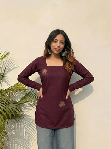 Image of ANNI Designer Women's Viscose Blend Printed Short Kurti | Straight Fit Casual Ethnic Top | Square Neck 3 /4 Sleeve Kurta Office College