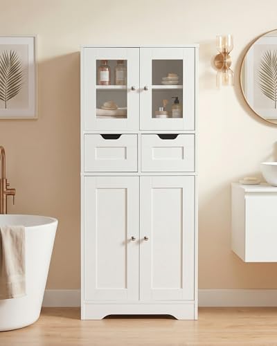Amveya Mueble Baño, Armario Baño Columna Alto 60x30x128cm con Estante de Vidrio, Armario Estrecho para Baño WC Lavadero, Blanco