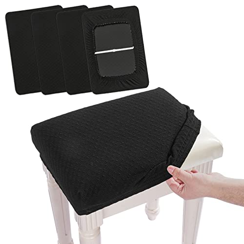 Image of 4 pcs Vanity Stool Bench Covers, Luxury Crease-Resistant Jacquard Fabric Saddle Bar Stool Slipcovers Stretch Washable, (Rectangle, 4 Counts, Black)