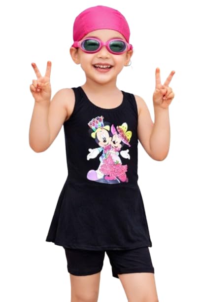 Girls Swimsuit with Cap and Goggles, Black, Minnie Mouse Print, One-Piece Swim Dress Set for Kids-image-25