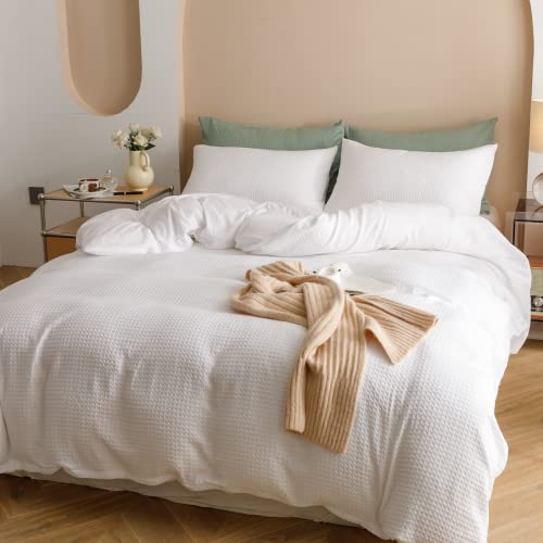 Weigelia Microfiber Queen Comforter Set, White Waffle Comforter Set 3Pcs Soft Lightweight Bed Comforter For All Season #TOP7