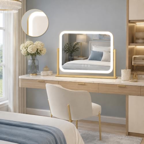 Image of FENNIO Vanity Mirror with Lights 17''x13'' Makeup Mirror with Lights,Vanity Mirror Touch Screen with 3-Color Lighting,Dimmable,for Vanity Desk Tabletop Gold