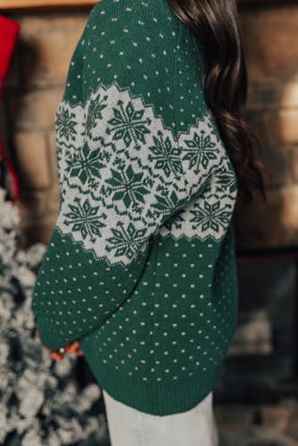 Women's Green Christmas Snowflake Dotted Print Round Neck Sweater - Cozy & Chic3