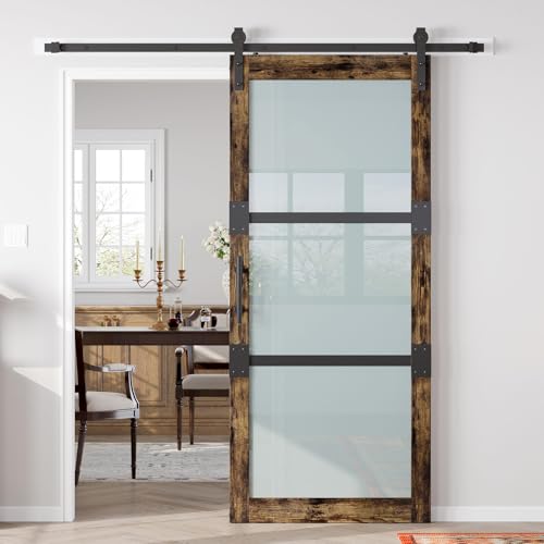 Fredbeck 36x84 Frosted Glass Barn Doors Aluminum Frame and 6.6ft Hardware Kit Included, Waterproof PVC Coating,Pre-Drilled Ready to Assemble，Brown, 3-Panels，Modern Interior Sliding Doors with Glass