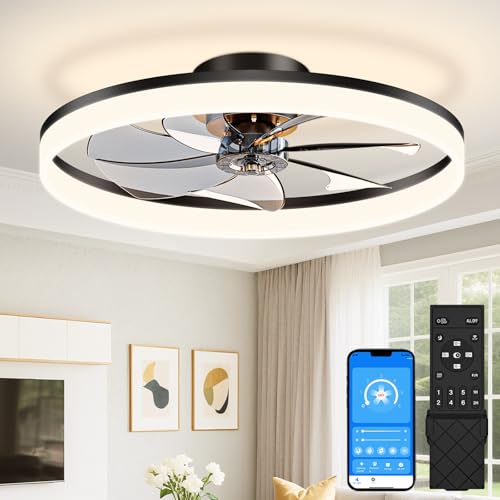 Image of VOLISUN Low Profile Ceiling Fans with Lights and Remote, 27.6in Fandelier Ceiling Fan Flush Mount, 3000K-6500K Smart Bladeless LED Fan Light, Black Modern Ceiling Fans with Lights for Bedroom