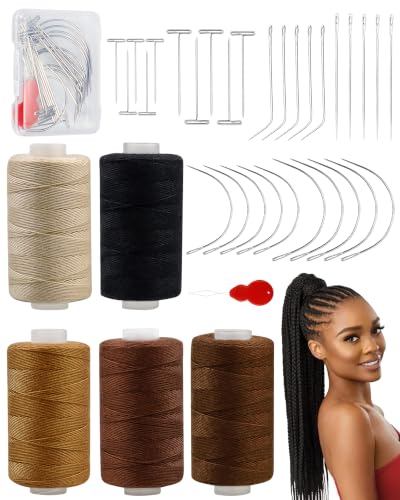 FIVEIZERO 5 Rolls Hair Extension Thread with 30 PCS T/C/J/I Needles Using 5 Colors Hair Weave Threads Sew in Needle and Thread for Hair Extensions Hand Sewing Making Wigs DIY-750yd
