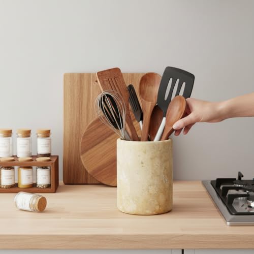 Marble Utensil Holder 6.5 Inch Travertine Utensil Caddy, Wooden Cooking Utensils Set & Spatula Organizer for Kitchen Counter Decor, Stone Crock for Spoon Holder & Farmhouse Decor - Image 6