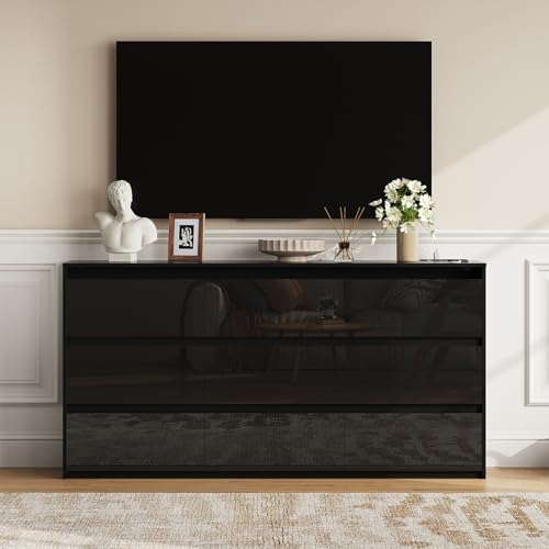 Halitaa Black TV Stand, Storage Cabinet with 9 Drawers for Bedroom Modern Large High Gloss Cabinet for Living Room Office (63
