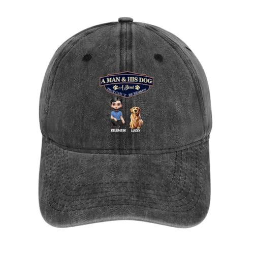 Gorra de béisbol personalizada con texto en inglés 'A Men and His Dog A Bond That Can't Be Broken' con nombre personalizado divertido de dibujos animados para dueño de mascotas, gorra de béisbol
