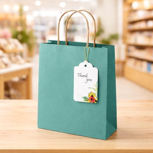Image of CVANU Floral Thank You Gift Tags (Set of 150), Elegant Flower Design (D14) Hanging Tags with Gold String for Wedding Return Gifts & Small Business Packaging (2.85 x 1.7 Inch)